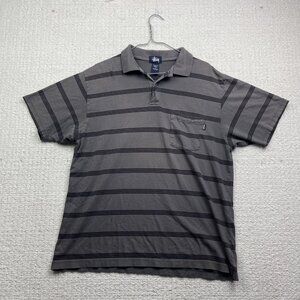 Y2K Stussy Polo Short Sleeve Pocket Stripes Gray/ Black Mens Sz L Canada Made**